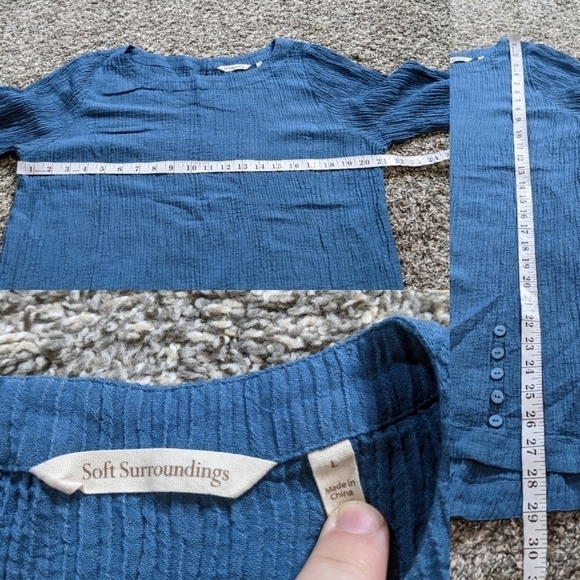 Soft Surroundings blue crinkle button accent 1/2 sleeve top L - Picture 6 of 8